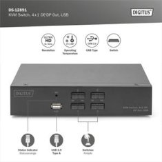 Digitus DS-12891 Stikalo KVM, 4x DP vhod, DP izhod, 4x USB B, 4K @ 60 Hz, črno