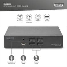 Digitus DS-12891 Stikalo KVM, 4x DP vhod, DP izhod, 4x USB B, 4K @ 60 Hz, črno
