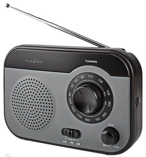 Nedis Prenosni radio / AM/ FM/ baterijsko napajanje/ omrežno napajanje/ analogno/ 1,8 W/ izhod za slušalke/ črna/siva