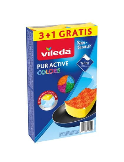 Vileda Sponge Vileda Pur Active Barvna 4 kosi - Monotone, poliuretan, ročno pranje, rumena, rožnata, oranžna, modra, zelena