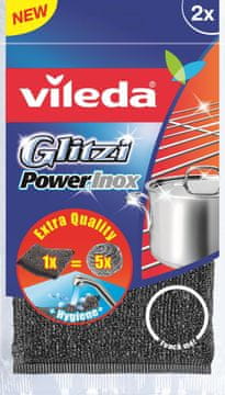 Vileda Sponge Vileda Glitzi Power Inox - Set 2 kosov, učinkovit in dolgotrajen čistilec iz nerjavečega jekla.