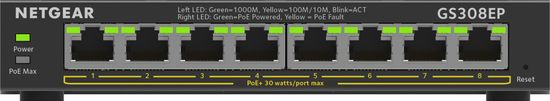 Netgear NETGEAR 8-Port Gigabit Ethernet PoE+ Preklopnik (GS308EP) - Upravljan L2/L3, Črn, Moč preko Ethernet-a, 1000 Mbit/s