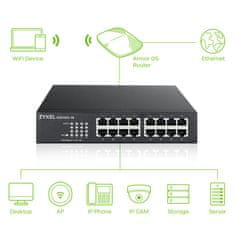 Zyxel Zyxel GS1100-16 Upravljani gigabitni Ethernet preklopnik z 16 porti, brez ventilatorja, montaža na rack in steno.