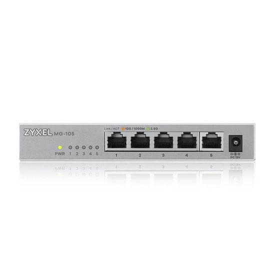 Zyxel Zyxel MG-105 Unmanaged 2.5G Ethernet stikalo, 5 portov, jeklena barva, brez ventilatorja, visoka zmogljivost