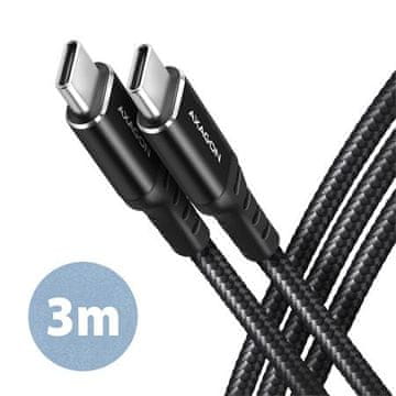 AXAGON BUCM-CM30AB, HQ kabel USB-C <-> USB-C, 3 m, USB 2.0, PD 60W 3A, ALU, oplet, črn