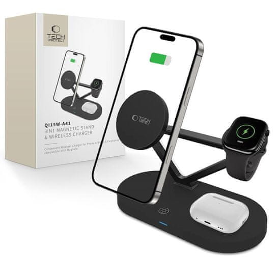 Tech-protect A41 3in1 polnilec za mobitelni telefon / Apple Watch / AirPods 15W, črna