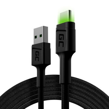 Green Cell USB kabel Green Cell KABGC13, USB 2.0, 2 m, USB A na USB C, črna barva, z zelenim osvetljenjem