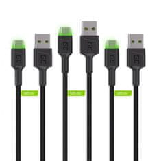 Green Cell Set 3x USB-C Kablov Green Cell 120 cm z LED osvetlitvijo, hitri polnjenje Ultra Charge, QC 3.0, črna barva