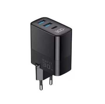 slomart Havit UCLE001 EU USB-C in USB-A polnilec, 30 W, črna, zaščita pred prenapolnjenjem in pregrevanjem