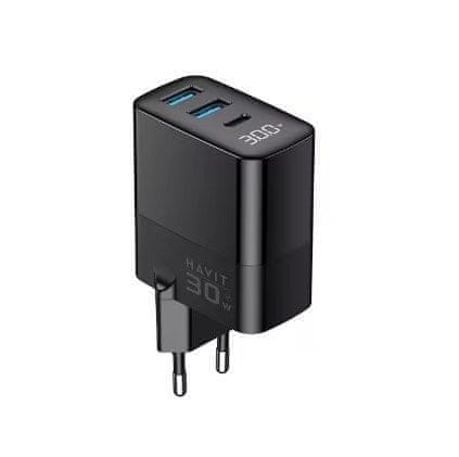 slomart Havit UCLE001 EU USB-C in USB-A polnilec, 30 W, črna, zaščita pred prenapolnjenjem in pregrevanjem
