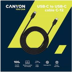 Canyon Kabel UC-12, USB-C - USB-C (100W, 20V/5A) 2m, črn