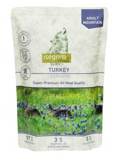 Isegrim ISEGRIM Odrasla mačka - mokra hrana za pse s puranom, 410g, brez soje, brez glutena, brez sladkorja, primerno za vse pasme