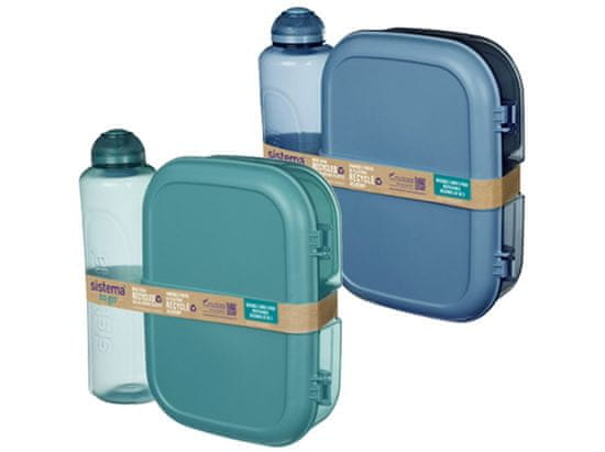 Sistema Sistema Ocean Bound Trikomorna škatla za kosilo s posodo za jogurt 1,1 l, steklenička Swift Squeeze Twist 'n' Sip 480 ml - 2 pakiranja, mešanica