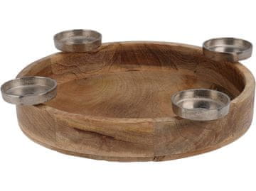 Kovinski svečnik za 4 čajne lučke na lesenem okroglem pladnju 400x400x70 mm, naravni
