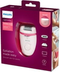 Philips Philips Satinelle Essential epilator z optičnim svetlom, roza, z masažno funkcijo in dodatki za nego bikini predela