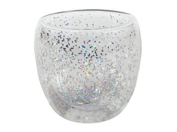 HIT DVOJNI STEKLENI KOZAREC S KONFETI 250 ML, SREBRN