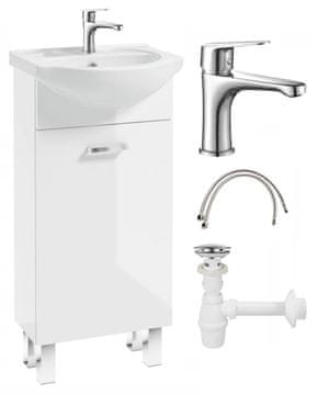 shumee Kopalniška omarica z belim sijajnim umivalnikom 40x84 na nogah Mea s podolgovato kromirano pipo