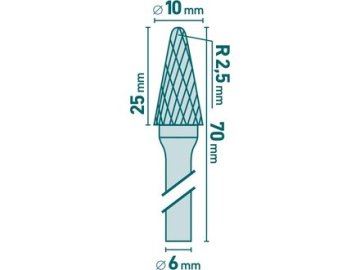 Extol Industrial Rezalnik (8703784) carbide milling cutter, conical rounded (R 2.5mm), dia. 10x25mm/shank 6mm, medium cut (double-cut)
