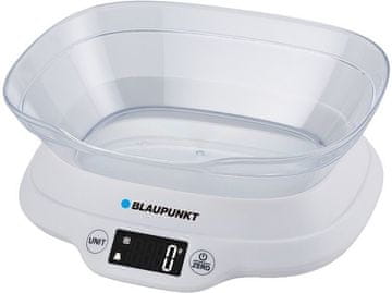 Blaupunkt Kuhinjska tehtnica Blaupunkt FKS501, bele barve, kapaciteta do 5 kg, natančnost 1 g, s posodo, 2 AAA bateriji vključeni.
