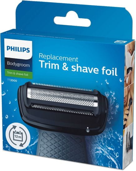 Philips Philips Bodygroom nadomestna folija TT2000/43 - vodoodporna glava za britvico, 1 kos, črna barva, primerna za pranje