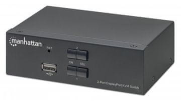 Manhattan Manhattan KVM stikalo 2-Port DisplayPort 1.2, 4K@60Hz, USB-A, avdio/mikrofon, z vključenimi kabli, črno, 3 leta garancije