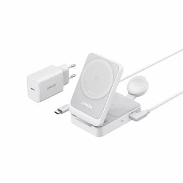 Anker MAGGO 15W 3-v-1 magnetna postaja - bela, brezžično hitro polnjenje za iPhone 15/14/13/12, USB Type-C kabel vključен