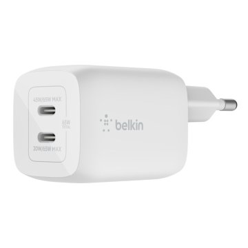 Belkin Belkin WCH013vfWH Bel White polnilec z močjo 65 W, USB PD 3.0, 2x USB-C, hitri polnilec za prenosne računalnike in pametne naprave