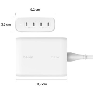 Belkin Belkin WCH010VFWH polnilnik za mobilne naprave, bele barve, notranji, s 4 USB-C vhodi, moč 200 W, dolžina kabla 1,5 m