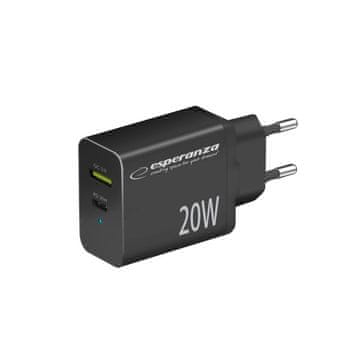 Esperanza Mrežni polnilec Esperanza EZC105K 20W, črn, s hitro polnjenjem Quick Charge 3.0, zaščita pred prenapolnjenjem.