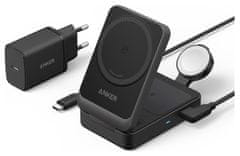 Anker Magnetni polnilec Anker MagGo 15W 3v1 - Črn, brezžični, hitri polnilec za iPhone 15/14/13/12, pametne telefone in ure