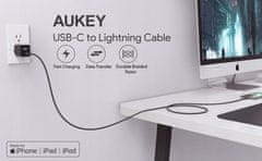 Aukey AUKEY CB-CL03 2m USB-C Kabel z Lightning priključkom, Apple MFi, Črn, 480 Mbit/s, USB Power Delivery, 24h Dostava