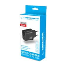 Esperanza Polnilec Esperanza EZC104K 20W Črn s Power Delivery in zaščito pred prenapolnjenjem, USB Type-C, 100-240 V