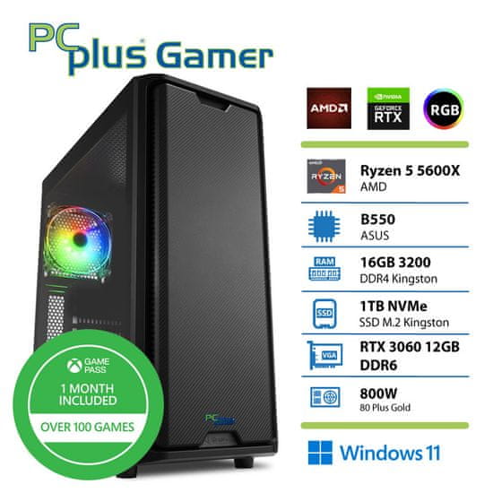 PCplus Gamer Ryzen 5 5600X 16GB 1TB SSD RTX 3060 12GB Windows 11 Home + Xbox GP gaming namizni računalnik