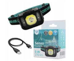 Forever SENSO naglavna LED svetilka, 3W, 270 lumnov, 4 načini svetenja, polnilna baterija, upravljanje z gestami, senzor gibanja, IP64 vodoodpornost, črna