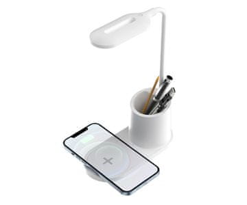 Platinet PLATINET PDL1930 namizna LED svetilka, do 530 lumnov, nastavljiva svetlost, upogljiv vrat, brezžični polnilec, vgrajeno stojalo, IP20 odpornost, USB Type-C, 150cm kabel, 38x17.5x8cm, bela