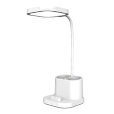 Platinet PDL008 namizna LED svetilka, 5v1, nastavljiva svetlost, posodica za pisala, stojalo za telefon, polnjenje naprav, nočna svetilka, polnilna baterija, nastavljiv vrat, bela