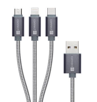 Connect IT Wirez 3v1 USB-C &amp; Micro USB &amp; Lightning, srebrno siva, 1,2 m
