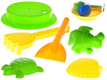 Komplet za pesek 3 kosi 20 cm (sito, lopata, grabljice) in 3 kosi modelčkov 10-11 cm - mešanica barv (rumena, zelena)