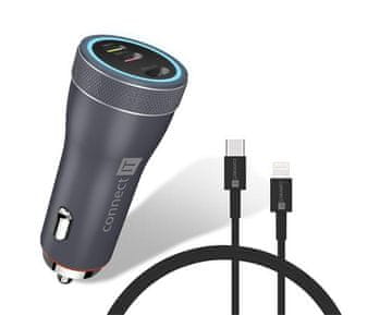 Connect IT InCarz DUPLEX avtopolnilec, 2x USB-C, 1x Lightning, ANTRACIT