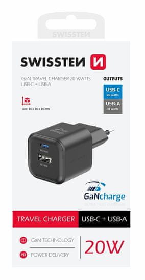 SWISSTEN Napajalnik GaN 1x USB-C 20W pd + 1x USB-A 18w QC črn