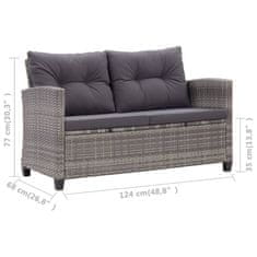 Vidaxl Vrtni kavč dvosed z blazinami siv 124 cm poli ratan