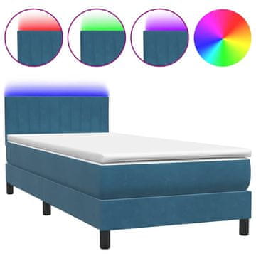 Vidaxl Box spring postelja z vzmetnico LED temno modra 80x220 cm žamet