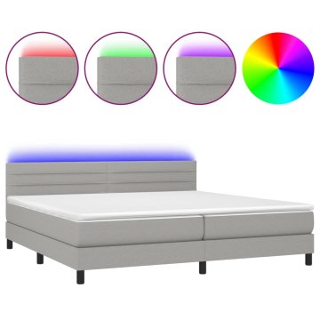 Vidaxl Box spring postelja z vzmetnico LED sv. siva 200x200 cm blago