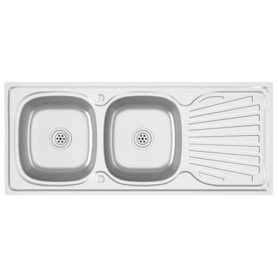 Vidaxl Dvojno kuhinjsko pomivalno korito srebrno 1200x500x155 mm