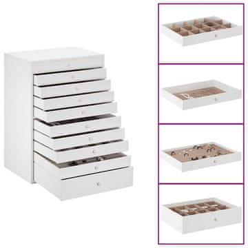Vidaxl Škatla za nakit 10 plasti z držali za ure Bela 29x20,5x40,5 cm