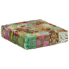 Vidaxl Tabure večbarven kvadraten bombaž ročno delo 50x50x12 cm zelen
