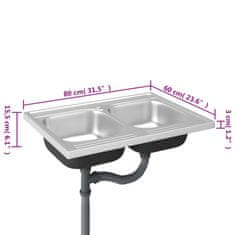 Vidaxl Dvojno kuhinjsko pomivalno korito srebrno 800x600x155 mm