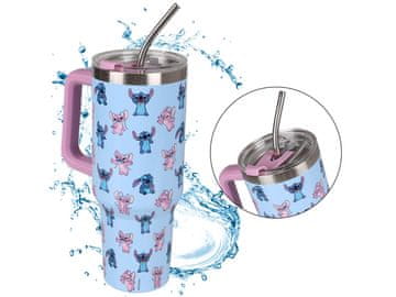 Disney Disney Stitch and Angel Velik termalni vrč s pokrovom in kovinsko slamico, iz nerjavečega jekla, potovalni vrč 1,18l