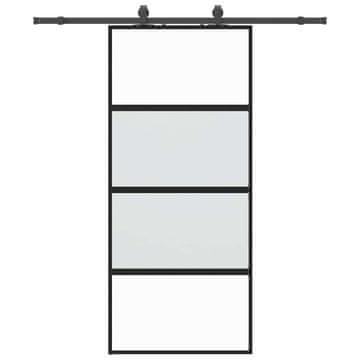 Vidaxl Drsna vrata z opremo črna 90x205 cm kaljeno steklo