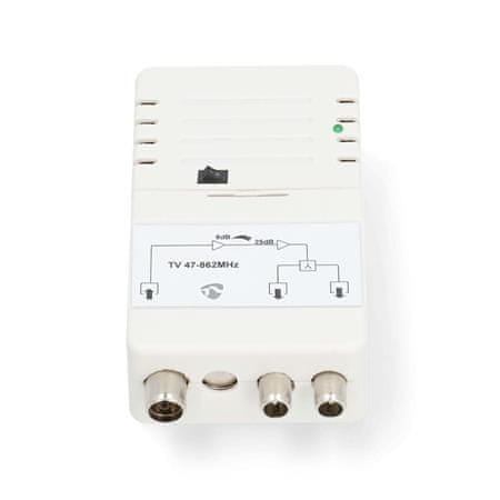 Nedis SAMP42221WT - CATV antenski ojačevalnik | Dobiček: 25 dB | 47 - 862 MHz | 2 izhoda | Regulacija dobička | Bela